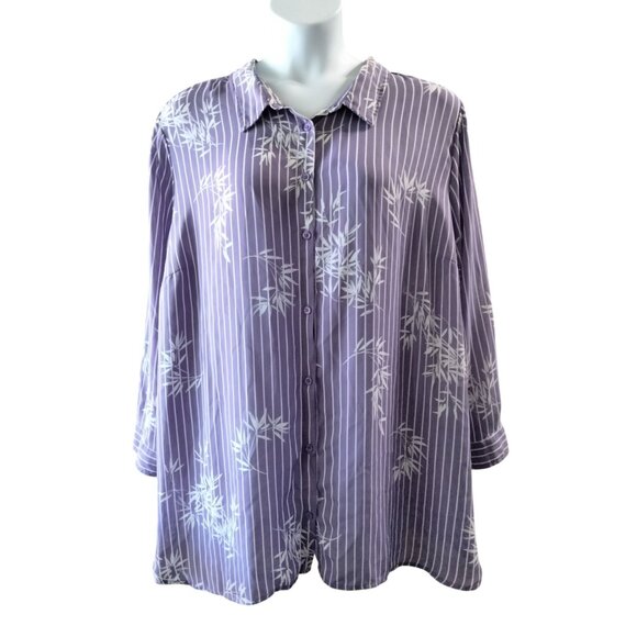 Catherines Purple Bamboo Print Button-Up Shirt Striped Long Sleeve Top 3X 26/28W - Picture 2 of 8